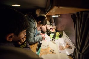 Aynur, form Turkmenistan, and Ravyar, from Siria, draw foxes in our old van while waiting for the animals to show up.
